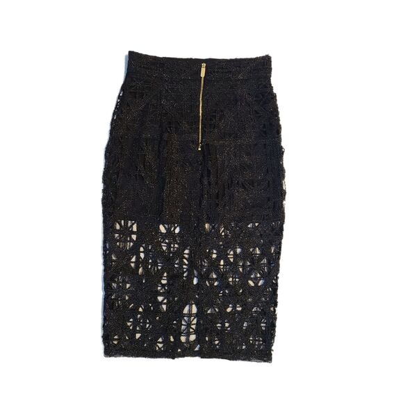 River Island NWT Black Metallic Premium Lace Caged Slim Pencil Skirt, Size 6 - Picture 3 of 9